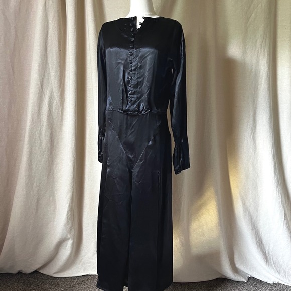 Antique Dresses & Skirts - Antique 1910s Black Silk Satin Dress Edwardian Puff Sleeve Button Front Gown S/M